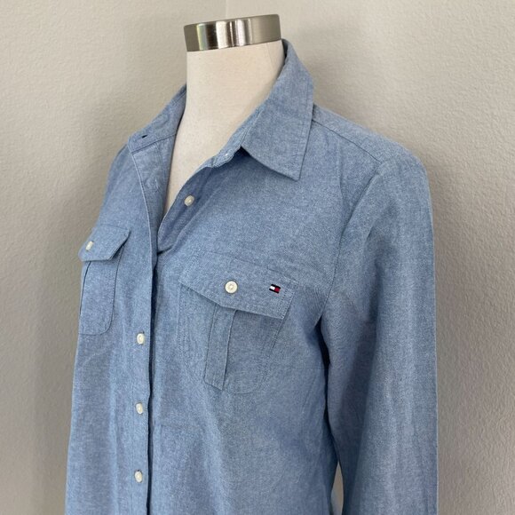 Tommy Hilfiger Womens Medium Light Blue Cotton Button Up Shirt Roll Tab Sleeve - Picture 2 of 9
